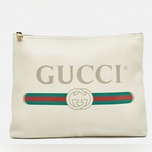 Gucci Cream Logo Zip Up Leather Suede Large Portfolio Pouch Clutch